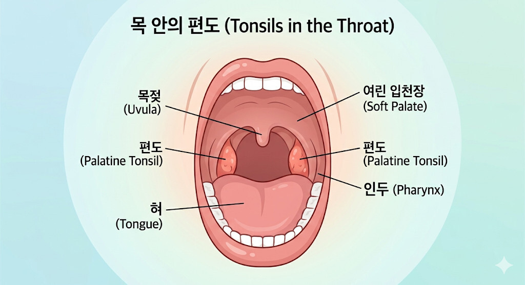 목 안의 편도 이미지와 각 명칭